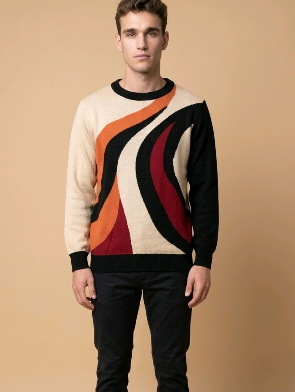 Oxknit Men's Beige Knit Sweater with Black, Orange and Red Wave Design Size L
